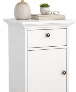Mesita de Noche, Mesa Auxiliar con 1 Puerta y 1 Cajón Cabriel White, Color Blanco, 44 x 40 x 70 cm