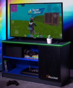 X-Rocker Carbon-Tek - Mueble de TV LED negro con 4 estantes de madera MDF brillante mate para sala de estar, mueble con iluminación LED personalizable para iluminación ambiental, compatible con TV de