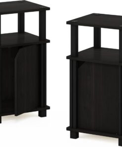 Furinno Brahms 3 Niveles, Auxiliar, Mesa de sofá, mesita de Noche con Puerta, Engineered Wood, Espresso/Negro, Nivelese de 2, 2 Unidades