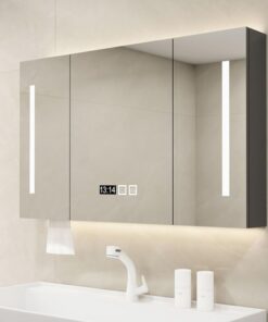 Armario Espejo Baño Inteligente Con Luz LED Desempañado, Estantes, Visualización de Hora y Almacenaje de Maquillaje - Toque Inteligente