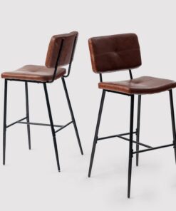 MEUBLE Cosy Taburetes de Bar Juego de 2, Sillas de Cocina en Piel Sintética con Respaldo y Reposapiés, Asiento Acolchado de 75 cm de Alto, Patas de Acero, Marrón Oscuro