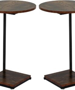 HDANI Mesa Auxiliar en Forma de C, Mesa de Sofá, Mesa de Cama, Mesilla de Noche Redonda, Mesa de Centro para Salón y Sala de Estar, Marrón Rústico y Negro, 40×40×60cm, Juego de 2