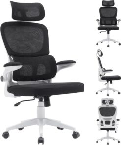 BAKAJI Silla de Oficina de Tela ergonómica con Respaldo y Soporte Lumbar y reposacabezas, sillón de Escritorio Giratorio, Altura Ajustable, Revestimiento antisudor Transpirable (Negro)