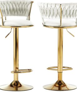 BAKAJI Juego de 2 taburetes de Cocina con Revestimiento de Terciopelo y Respaldo Trenzado y Altura Ajustable, sillas de Bar, Restaurante, Estructura giratoria de Oro con reposapiés, diseño Moderno