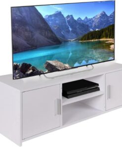 BAKAJI Mueble de TV de Madera MDF aparador con Base de televisión, 2 Compartimentos Abiertos, para Videojuegos y 2 Puertas, tamaño 110 x 35 x 36 cm, Color Blanco, diseño Moderno