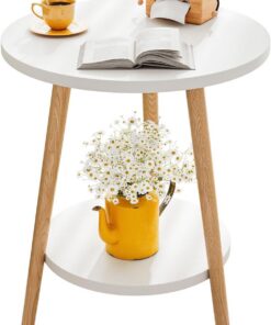 Mesa Auxiliar Redonda de 2 Niveles Negra, Ø38x55 cm para Sofá | para Salón y Dormitorio, Estructura Metálica, Fácil Montaje, Blanco
