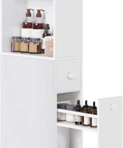 VASAGLE Armario de Baño Alto, Armario de Almacenamiento Delgado, con Cajones y Estante Ajustable, Armario para Espacios Pequeños, Estilo Moderno, Blanco Clásico BBK567T14
