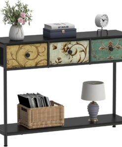 VEDECASA - Mesa consola con 3 cajones de tela, mesa de entrada con estantes abiertos, mesa para entrada, salón, dormitorio, madera con estructura de metal, montaje sencillo