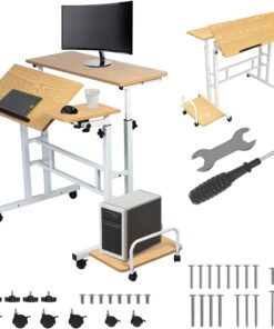 Escritorio móvil ajustable (CarmC-124 con ruedas, hoja inclinable 80x60 cm, altura ajustable 67-115 cm, capacidad de carga de 50 kg, hoja lateral de diseño ergonómico, hogar, oficina, estudio (blanco)