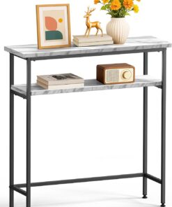 VOUNOT® Mesa Consola Estrecha 2 Niveles 80x24x80cm Mesa Auxiliar Entrada con 2 Estantes Metal y MDF Mesita Exposición Extremo de Sofá Diseño Industrial para Recibidor Salón Pasillo Dormitorio Blanco