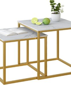 Huhote Juego de 2 mesas auxiliares, mesas auxiliares, mesa auxiliar con marco de metal para salón, dormitorio, balcón, oficina, apartamento, diámetro 50/45 cm (marco dorado, parte superior de mármol