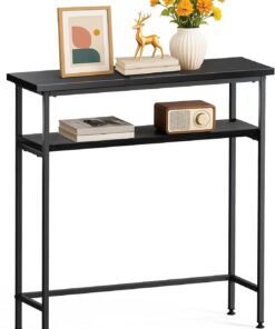 VOUNOT® Mesa de Consola Estrecha 2 Niveles 80x24x80cm Mesa Auxiliar Entrada con 2 Estantes Metal y MDF Mesita Exposición Extremo de Sofá Diseño Industrial para Recibidor Salón Pasillo Dormitorio Negro