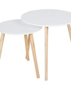 AKTIVE MAX Home Set de 2 mesas auxiliares, D40x44 cm y D50x50 cm, Peso máximo soportado 5kg, Nido, Blancas, Patas de Madera Natural, para salón, Comedor, Oficina (18510)