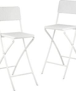 relaxdays Taburete Alto Plegable BASTIAN, Juego de 2, Acero y Ratán Sintético, Asiento a 78 cm de Altura, Blanco, 63x44x115 cm