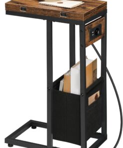 HOOBRO Mesa de Centro Plegable en Forma de C, Vintage Marrón y Negro | Base de Carga, Bolsa de Tela, Para Espacios Reducidos, Fácil Montaje, EBF30CSF01
