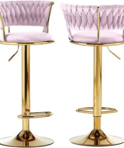 BAKAJI Juego de 2 taburetes de Cocina con Revestimiento de Terciopelo y Respaldo Trenzado, Altura Ajustable, sillas de Bar, Restaurante, Estructura giratoria de Oro con reposapiés, diseño Moderno