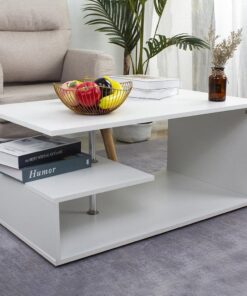 BAKAJI Mesita de salón Blanca para Sala de Estar, café, para Ordenador, Mesa de salón Lateral, sofá con Doble Estante y Estructura de Madera, diseño Moderno, 41 x 91 x 52,6 cm, decoración para el