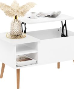 Furinno Jensen Mesa de Centro Elevable con Patas de Madera, Compartimento Oculto y Estante Lateral Abierto para Salones, Blanco Sólido