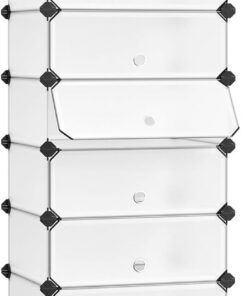 SONGMICS Zapatero Modular con 10 Compartimentos Cajas, Estantería DIY de Plástico, con Puerta, con Martillo, Blanco LPC10W