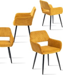 MEUBLE COSY Juego de 4 Sillas de Comedor Escandinavo Sillón Tapizado en Pana con Reposabrazos Patas Metal para Cocina Salón Dormitorio Oficina, Amarillo