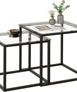 Huhote Juego de 2 mesas auxiliares, mesas auxiliares, mesa auxiliar con marco de metal para salón, dormitorio, balcón, oficina, apartamento, diámetro 50/45 cm (marco negro, tapa de cristal)