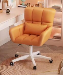 Silla de terciopelo para oficina en casa con ruedas para niñas y mujeres, moderna y bonita, sillón de escritorio con almohada para dormitorio, silla giratoria tapizada en color naranja