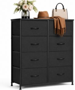 DUMOS Cómoda con cajones – Cómoda y aparador para Dormitorio, Armario de Cocina con 8 cajones, cómoda de Tela con Marco de Acero, Armario pequeño, Ideal para Pasillo, salón (Negro)