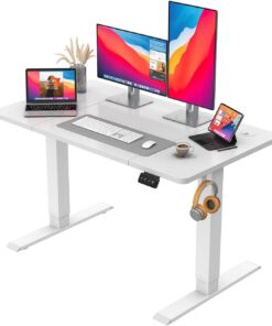 JUMMICO Escritorio Regulable en Altura de 120×60 cm, con Mando a Distancia de 4 Botones y Memoria, Gancho Incluido, Ideal para Oficina, Estudio y Gaming, Beige