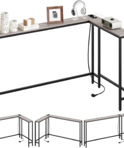 YATINEY Mesa de Entrada, Aparador de 15 cm de Anchura Tras el Sofá, 3 Tipos de Montaje, Consola con 1 Toma y 2 Puertos USB, Mesa de Pasillo Larga para Salón, Pasillo, Gris Envejecido y Negro XCT07CBG