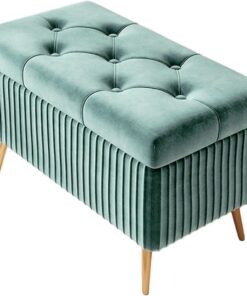 Ottomán de almacenamiento, Banco otomano de extremo de cama con almacenamiento, tapizado en tela con botones, banco para pies tipo taburete para sala de estar, dormitorio y entrada(Light Teal,60cm)