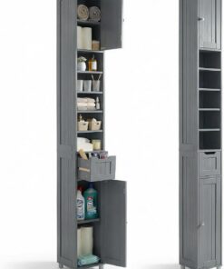 VOUNOT® Armario para Baño Alto Mueble Columna de Baño, Estanterías con 2 Puertas y 1 Cajón, Estantes Ajustables Espacio Abierto, Mueble Auxiliar de Almacenaje para Salón Dormitorio, 20x20x180cm, Gris