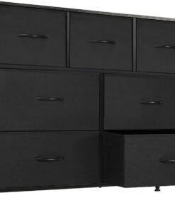 DUMOS Cómoda para Dormitorio con 7 cajones de Tela, Organizador Alto para Ropa, Armario de habitación Infantil, Torre de Almacenamiento con Armario, Marco de Metal, Tablero de Madera, Muebles Ligeros