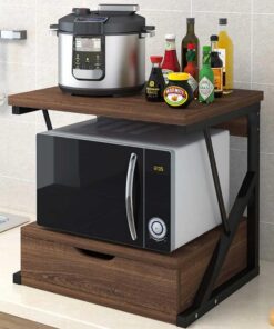 BAKAJI Estantería móvil para microondas, Estructura de Metal, con Estante de Madera MDF y cajón, Organizador, Estante para Utensilios de Cocina, diseño Moderno, 54 x 35 x 50 cm (Nogal)