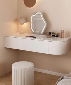 Mesa de tocador flotante con cajones, diseño que ahorra espacio para esquina de dormitorio, muebles elegantes y funcionales para maquillaje y organización