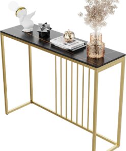 FATIVO Consola Mesa Marmol Recibidor: Mueble Auxiliar Entrada Estrecha Nórtico para Pasillo Salon Entraditas de Patas Hierro Dorado 100x30x79 cm