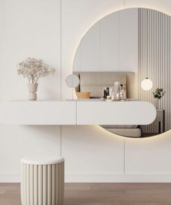 Escritorio de Maquillaje Montado en la Pared, Mesa de Maquillaje Flotante, Estante Flotante con Cajón, Tocador Flotante Multifuncional con Espejo Para Dormitorio, Baño, Peluquerías(Half-dressing table