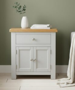 GROF urniture Tusk - Armario pequeño gris con cajón, gabinete de almacenamiento gris con parte superior de roble, aparador pequeño para sala de estar o pasillo, mesa telefónica, armarios listos para