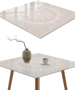 Tapa para Mesa de Centro 50x50 cm | Cuadrado | Multiusos | Bordes Pulidos | mandala beige | Pies Antideslizantes | con Impresión Decorativa | para la Cocina y Salón | Vetro Temperato