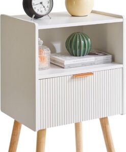 Aibiju Mesita de Noche Moderna con Cajón, Mesa Auxiliar de Dos Niveles, Mesita de Noche de Mediados de Siglo con Estante Abierto, Mesa Auxiliar Pequeña, Blanca YD-TM061W1