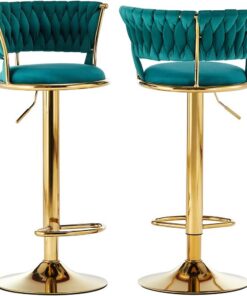 BAKAJI Juego de 2 taburetes de Cocina con Revestimiento de Terciopelo y Respaldo Trenzado y Altura Ajustable, sillas de Bar, Restaurante, Estructura giratoria de Oro con reposapiés, diseño Moderno