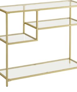 VASAGLE Mesa de Consola, Mesa Auxiliar, Vidrio Templado, Marco de Metal, con estantes, 35 x 100 x 80 cm, Moderna, para Pasillo, Sala de Estar, Color Dorado LGT022A61