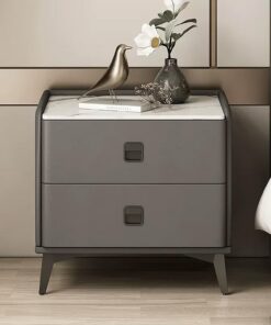 Mesita de Noche con Cajón, Losa de Roca Mesa Auxiliar, Cómoda de Noche Pequeña, Mesita Noche Moderna de Madera, Acabado en Cuero de Microfibra, for Sala de Estar, Dormitorio (Color : Dark
