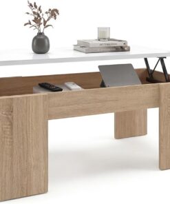 duehome | Mesa de Centro Elevable, Mesita de Salón o Comedor, Modelo Vita, Acabado en Color Roble Canadian y Blanco Artik, Medidas: 100 cm (Largo) x 50 cm (Ancho) x 45-53 cm (Alto)