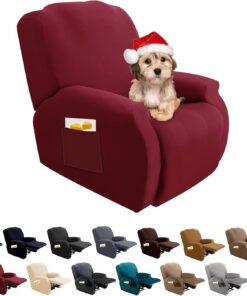 FIGOOO Funda de Sillón Relax Reclinable 4-Piezas Funda para Sofá 1 Plaza Relax Elásticas Universal Ajustables Lavables Fundas Protector de Sillón Chivas con Bolsillo,Borgoña