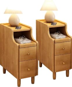Cómoda Estrecha Mesita de Noche Alta y Estrecha con cajones Juego de 2 mesitas de Noche Altas Mesas auxiliares Delgadas para Dormitorio Mesas auxiliares de 2 Colores