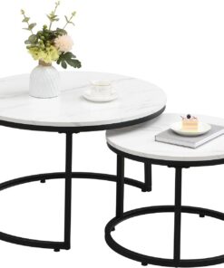 Juego de 2 mesas de café modernas con estructura de metal negro, mesa de centro de roble, mesas de centro redondas blancas, mesa de café, mesa de salón, mesa de salón de madera de 70 y 50