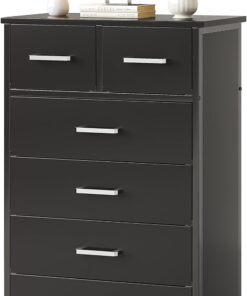 Cómoda de madera para dormitorio, cómoda, armario de almacenamiento, organizador de 6 cajones para oficina, sala de estar, pasillo, madera negra