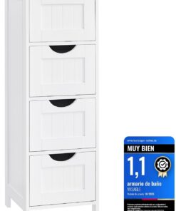 VASAGLE Armario de baño, de Almacenamiento, de Pie, con 4 cajones, 30 x 30 x 82 cm, Sala de Estar, Comedor, Cocina, Estilo Moderno, Blanco LHC40W