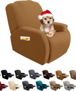 FIGOOO Funda de Sillón Relax Reclinable 4-Piezas Funda para Sofá 1 Plaza Relax Elásticas Universal Ajustables Lavables Fundas Protector de Sillón Chivas con Bolsillo,Camello