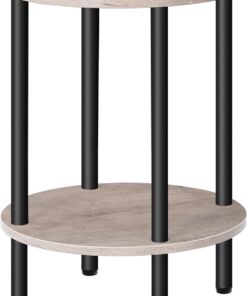 CHOEZON Mesa Auxiliar Redonda, Mesita de Sofá con Dos Estantes, Mesilla de Noche Pequeña, Mesita de Centro de Estilo Industrial para Salón, Dormitorio, Gris Envejecido y Negro DTBZ01BG
